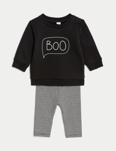 2pc Cotton Rich Boo Slogan Striped Outfit (0-3 Yrs)